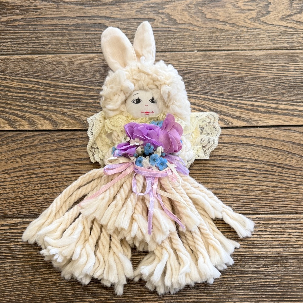 Yarn/Mop Doll with‎ Floral Details & bunny ears